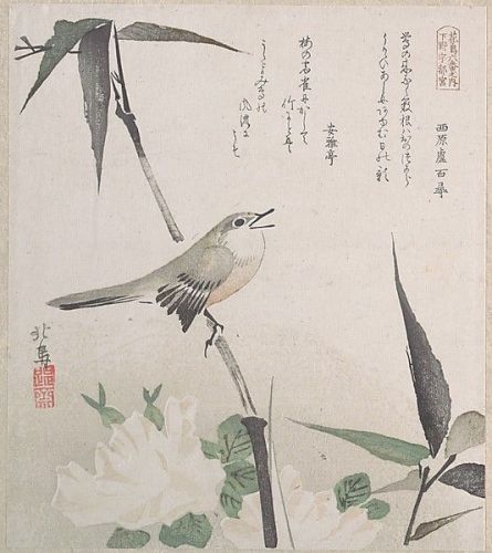 Roses and Bamboo with Nightingale by Teisai Hokuba